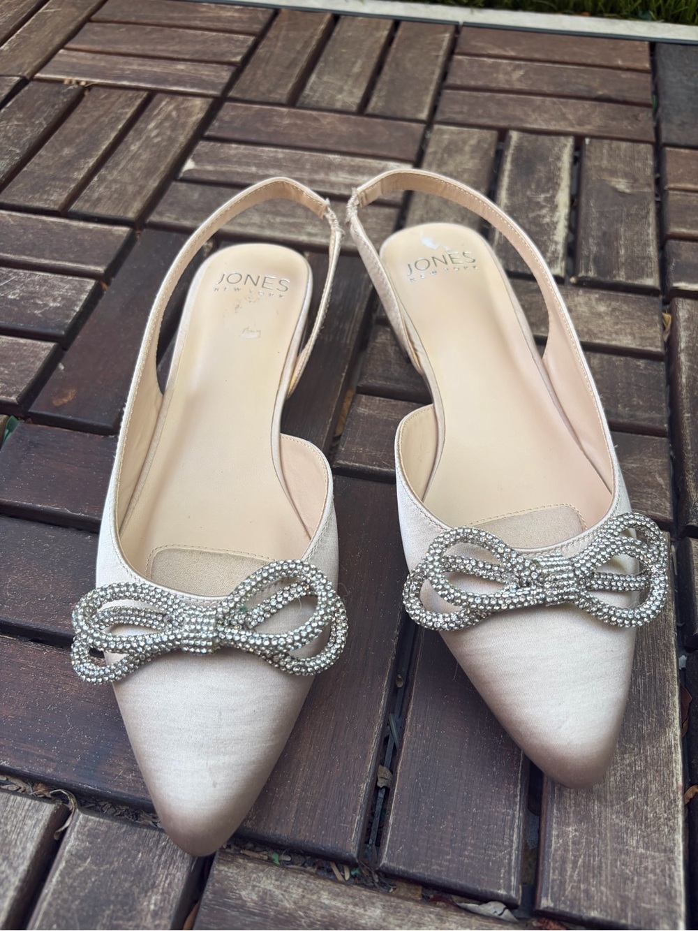 Jones New York Blush Satin Slingback Flats with Crystal Bow